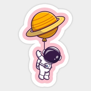 Cute Astronaut Floating With Planet Balloon In Space  Cartoon Sticker